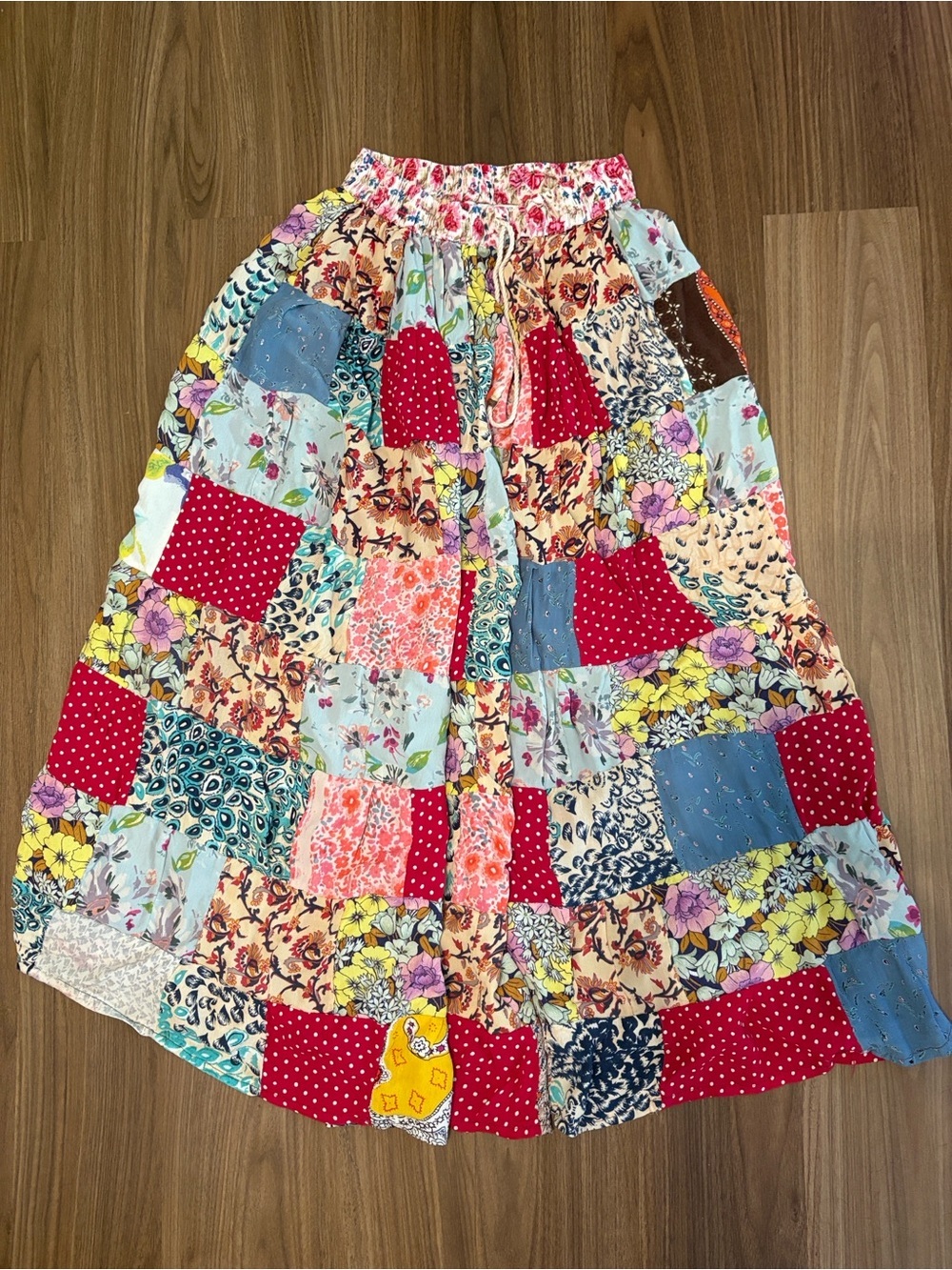 Vintage Jackpot Boho Patchwork Maxi Skirt with Red Accents
